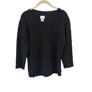 Haystacks Surreal Textured Floral Top‎ Womens Size M Black V Neck 3/4 Sleeve